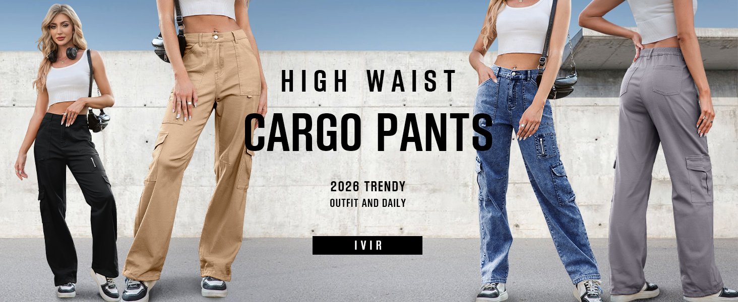 IVIR Women High Waisted Cargo Pants Wide Leg Parachute Pants with